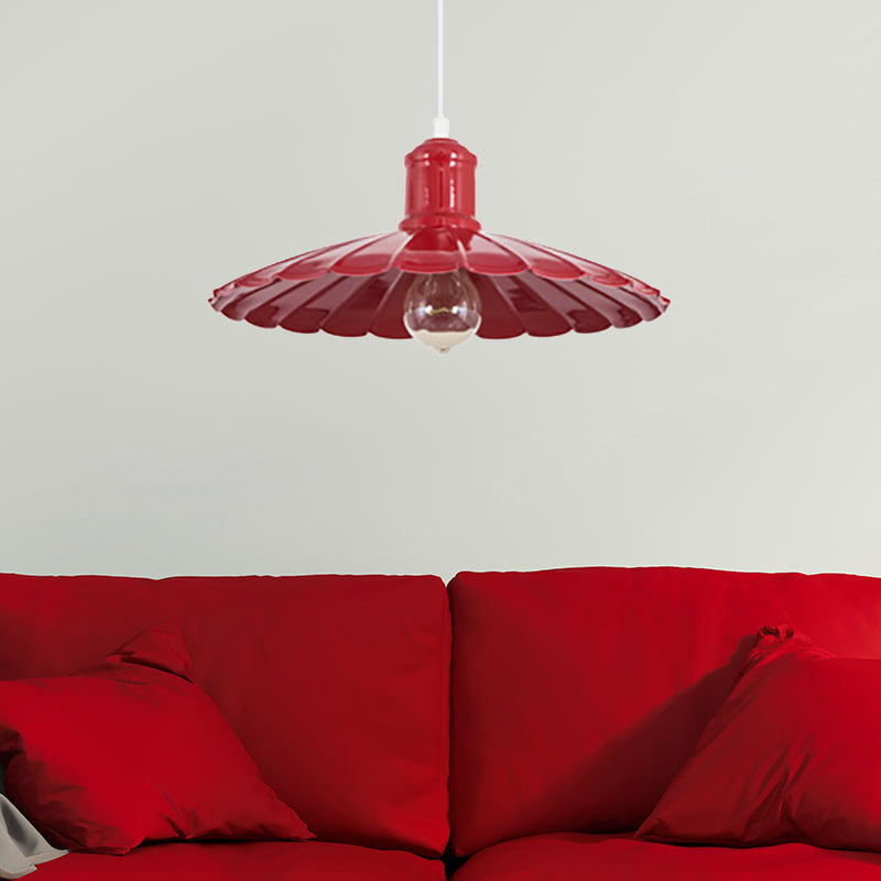 Scalloped Shade Metal Hanging Light Fixture Retro 1 Head Bedroom Pendant Lamp in Red/Yellow/Green Red Clearhalo 'Art Deco Pendants' 'Cast Iron' 'Ceiling Lights' 'Ceramic' 'Crystal' 'Industrial Pendants' 'Industrial' 'Metal' 'Middle Century Pendants' 'Pendant Lights' 'Pendants' 'Tiffany' Lighting' 204635