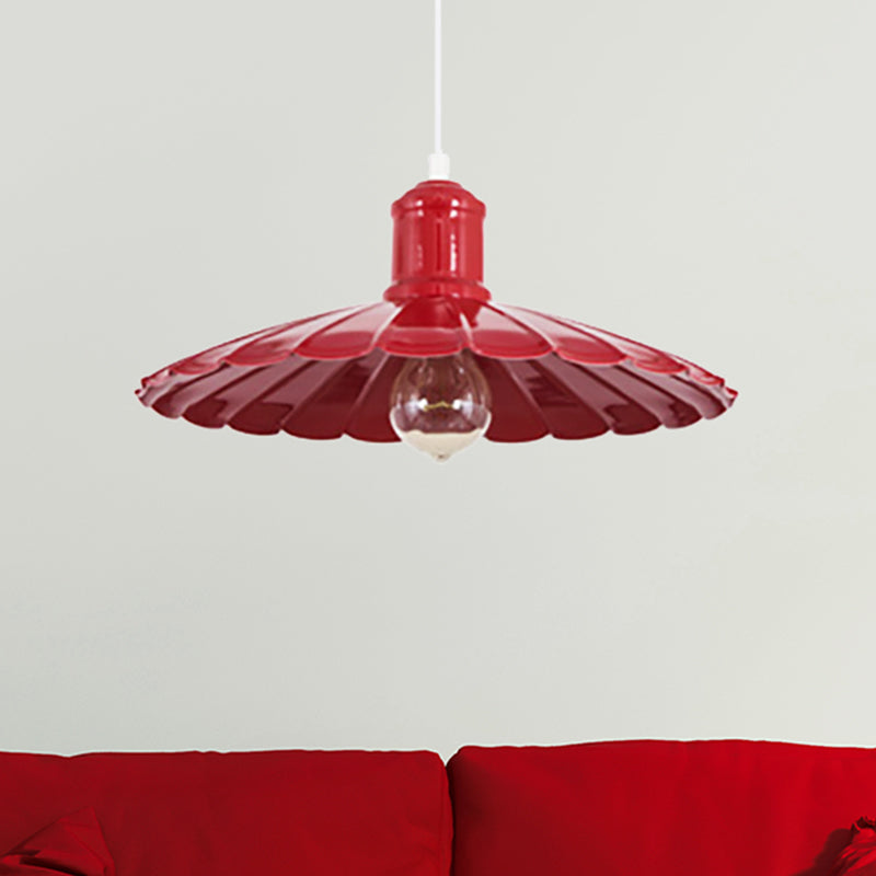 Scalloped Shade Metal Hanging Light Fixture Retro 1 Head Bedroom Pendant Lamp in Red/Yellow/Green Clearhalo 'Art Deco Pendants' 'Cast Iron' 'Ceiling Lights' 'Ceramic' 'Crystal' 'Industrial Pendants' 'Industrial' 'Metal' 'Middle Century Pendants' 'Pendant Lights' 'Pendants' 'Tiffany' Lighting' 204636