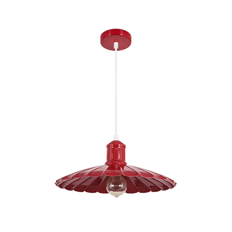Scalloped Shade Metal Hanging Light Fixture Retro 1 Head Bedroom Pendant Lamp in Red/Yellow/Green Clearhalo 'Art Deco Pendants' 'Cast Iron' 'Ceiling Lights' 'Ceramic' 'Crystal' 'Industrial Pendants' 'Industrial' 'Metal' 'Middle Century Pendants' 'Pendant Lights' 'Pendants' 'Tiffany' Lighting' 204637