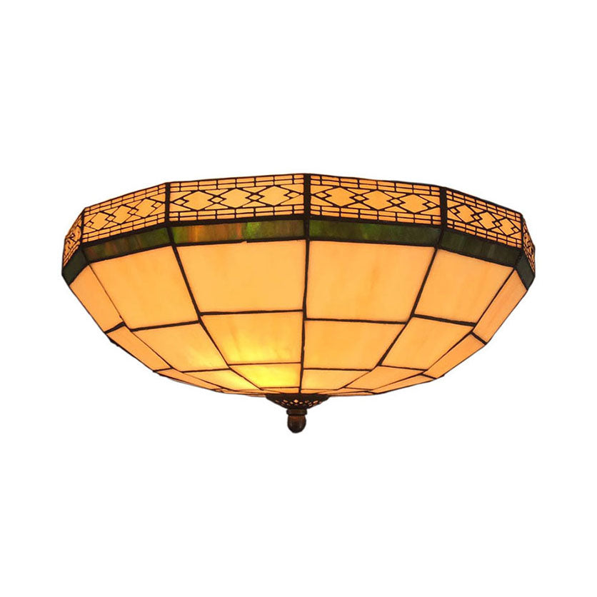 8"/10" W Bedroom Ceiling Light Tiffany 3-Light Flush Mount Light Fixture in Beige with Art Glass Dome Shade Beige 12" Clearhalo 'Ceiling Lights' 'Close To Ceiling Lights' 'Close to ceiling' 'Flush mount' Lighting' 20464