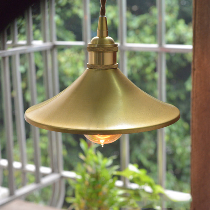 8"/10" Wide Cone Shade Metal Hanging Light Fixture Industrial 1 Light Living Room Pendant Lamp in Brass Clearhalo 'Art Deco Pendants' 'Cast Iron' 'Ceiling Lights' 'Ceramic' 'Crystal' 'Industrial Pendants' 'Industrial' 'Metal' 'Middle Century Pendants' 'Pendant Lights' 'Pendants' 'Tiffany' Lighting' 204642