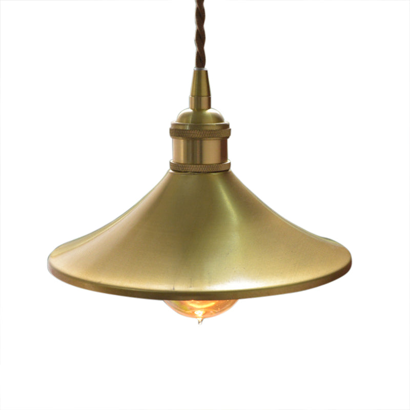 8"/10" Wide Cone Shade Metal Hanging Light Fixture Industrial 1 Light Living Room Pendant Lamp in Brass Clearhalo 'Art Deco Pendants' 'Cast Iron' 'Ceiling Lights' 'Ceramic' 'Crystal' 'Industrial Pendants' 'Industrial' 'Metal' 'Middle Century Pendants' 'Pendant Lights' 'Pendants' 'Tiffany' Lighting' 204644