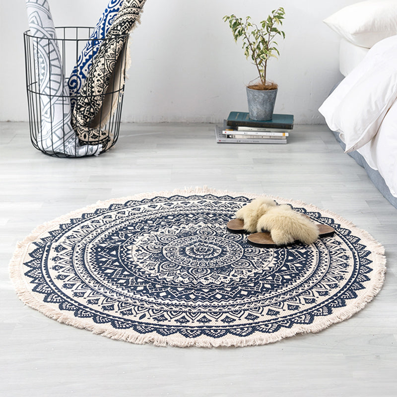 Pastel Color Mandala Rug Cotton Boho Carpet Machine Washable Indoor Rug for Bedroom Blue-Black Clearhalo 'Area Rug' 'Bohemian' 'Rugs' Rug' 2046729