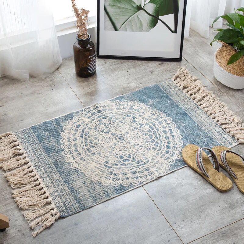 Boho Chic Bedroom Rug Multi-Color Geometric Pattern Rug Cotton Machine Wash Carpet with Tassel Fringe Blue 2' x 2'11" Clearhalo 'Area Rug' 'Bohemian' 'Rugs' Rug' 2046782