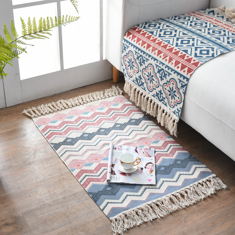 Boho Chic Bedroom Rug Multi-Color Geometric Pattern Rug Cotton Machine Wash Carpet with Tassel Fringe Blue-Red 2' x 2'11" Clearhalo 'Area Rug' 'Bohemian' 'Rugs' Rug' 2046788