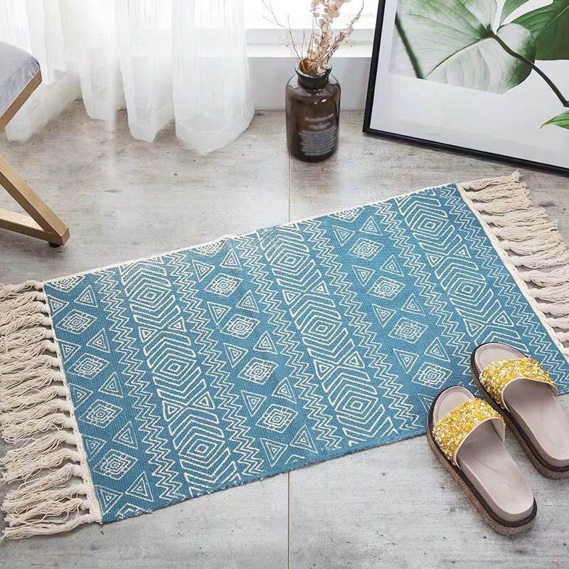 Boho Chic Bedroom Rug Multi-Color Geometric Pattern Rug Cotton Machine Wash Carpet with Tassel Fringe Lake Blue 2' x 2'11" Clearhalo 'Area Rug' 'Bohemian' 'Rugs' Rug' 2046789