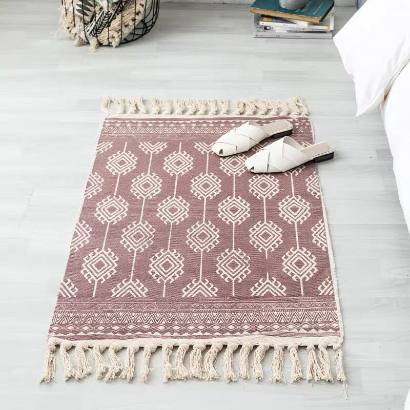 Boho Chic Bedroom Rug Multi-Color Geometric Pattern Rug Cotton Machine Wash Carpet with Tassel Fringe Rose Red 2' x 2'11" Clearhalo 'Area Rug' 'Bohemian' 'Rugs' Rug' 2046790