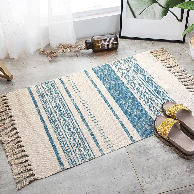 Boho Chic Bedroom Rug Multi-Color Geometric Pattern Rug Cotton Machine Wash Carpet with Tassel Fringe Ocean Blue 2' x 2'11" Clearhalo 'Area Rug' 'Bohemian' 'Rugs' Rug' 2046794