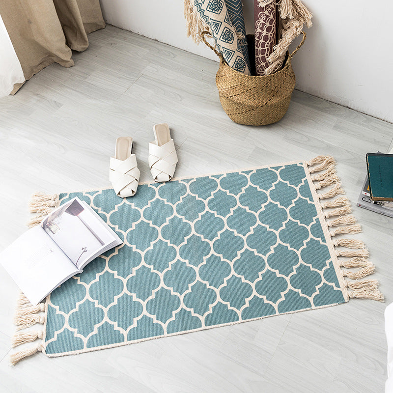 Boho Chic Bedroom Rug Multi-Color Geometric Pattern Rug Cotton Machine Wash Carpet with Tassel Fringe Light Blue-White 2' x 2'11" Clearhalo 'Area Rug' 'Bohemian' 'Rugs' Rug' 2046798