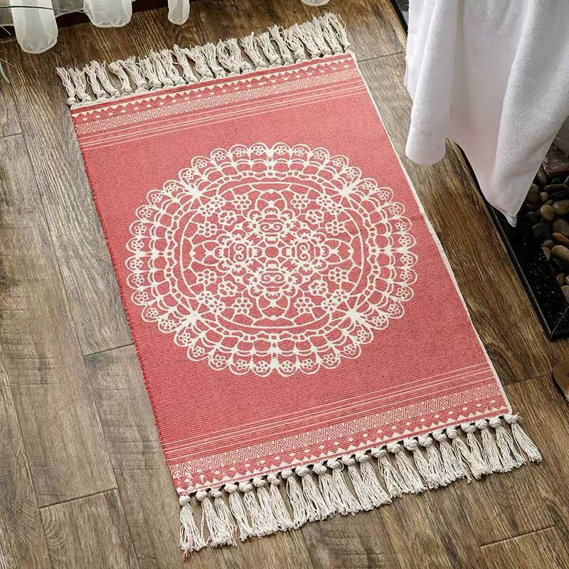 Multi Color Bedroom Rug Funky Geometric Carpet Cotton Machine Washable Pet Friendly Rug with Tassel Red 2' x 2'11" Clearhalo 'Area Rug' 'Bohemian' 'Rugs' Rug' 2046827