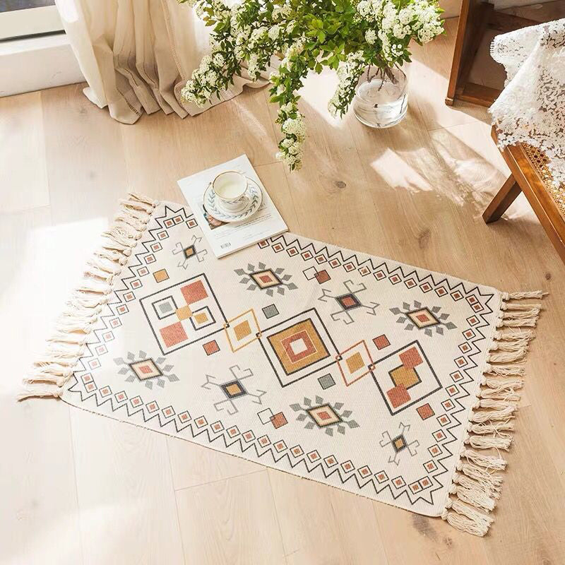 Multi Color Bedroom Rug Funky Geometric Carpet Cotton Machine Washable Pet Friendly Rug with Tassel Clearhalo 'Area Rug' 'Bohemian' 'Rugs' Rug' 2046829
