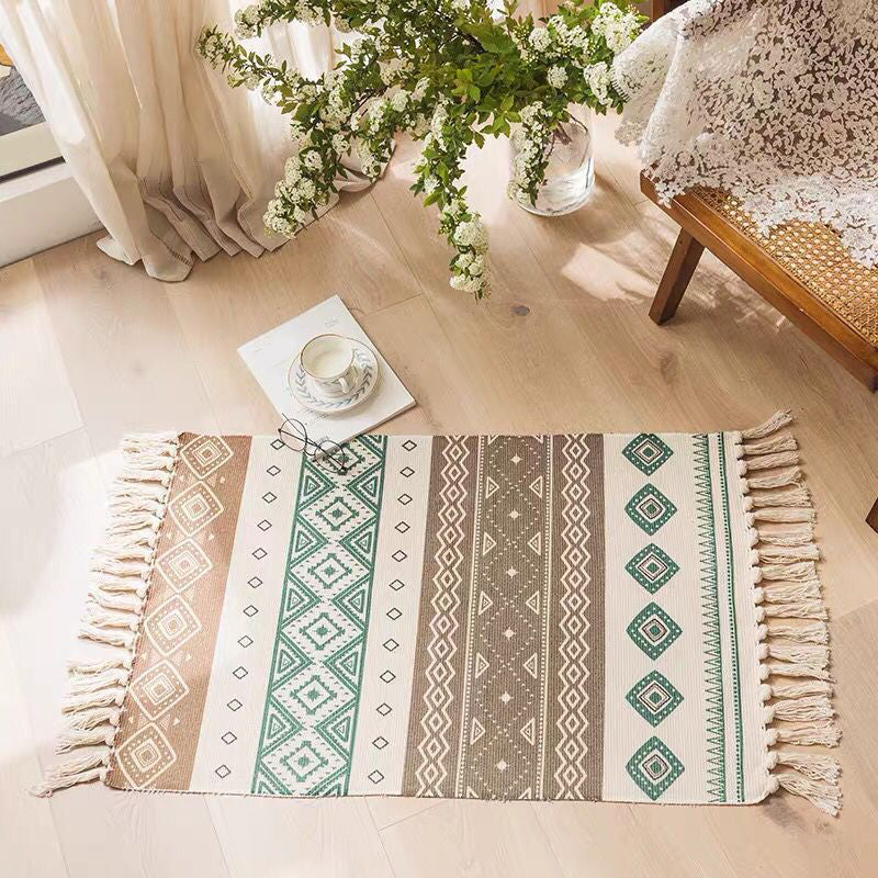 Multi Color Bedroom Rug Funky Geometric Carpet Cotton Machine Washable Pet Friendly Rug with Tassel Gray-Green 2' x 2'11" Clearhalo 'Area Rug' 'Bohemian' 'Rugs' Rug' 2046830