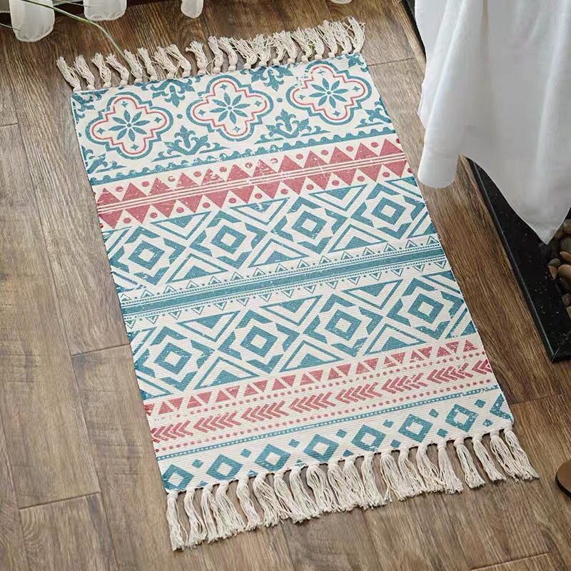 Multi Color Bedroom Rug Funky Geometric Carpet Cotton Machine Washable Pet Friendly Rug with Tassel Blue-Red 2' x 2'11" Clearhalo 'Area Rug' 'Bohemian' 'Rugs' Rug' 2046834