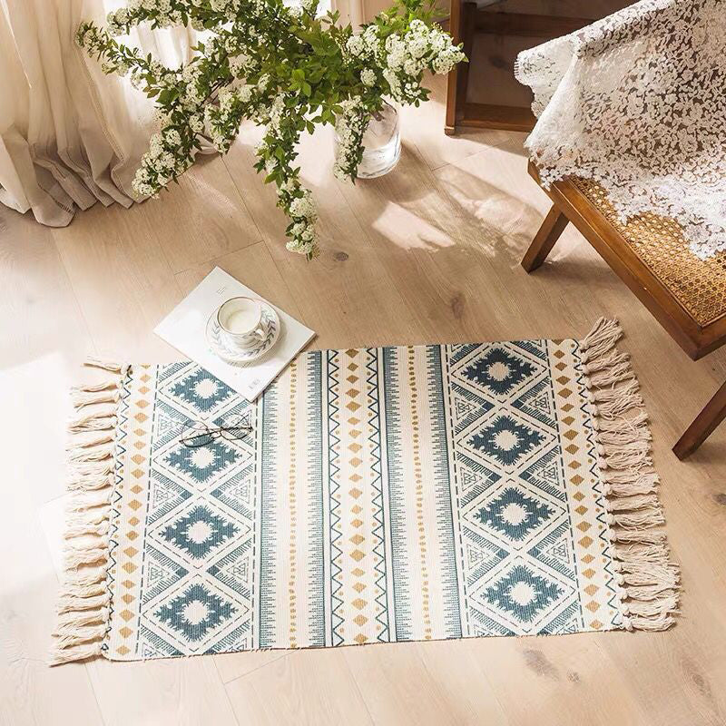 Multi Color Bedroom Rug Funky Geometric Carpet Cotton Machine Washable Pet Friendly Rug with Tassel Blue-Yellow 2' x 2'11" Clearhalo 'Area Rug' 'Bohemian' 'Rugs' Rug' 2046836