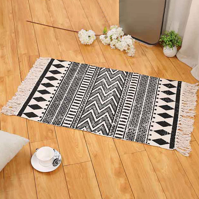 Boho Living Room Area Rug Multi Colored Geometric Patterned Braided Rug Cotton Machine Washable Carpet Textured Black Clearhalo 'Area Rug' 'Bohemian' 'Rugs' Rug' 2046883
