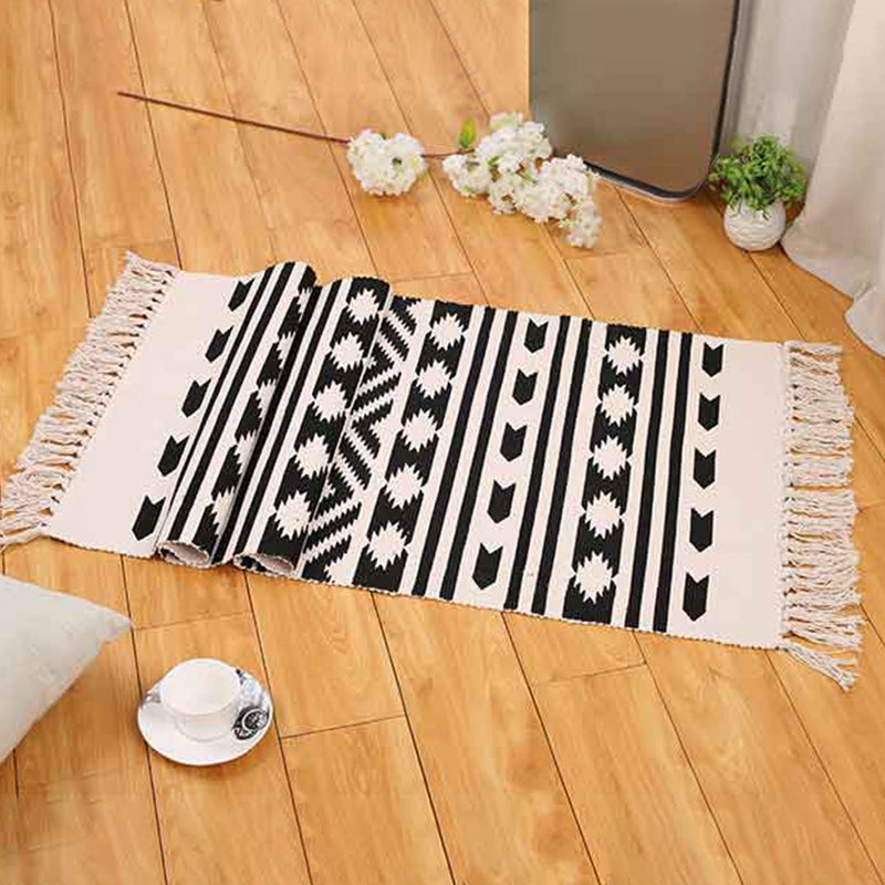 Boho Living Room Area Rug Multi Colored Geometric Patterned Braided Rug Cotton Machine Washable Carpet Black Clearhalo 'Area Rug' 'Bohemian' 'Rugs' Rug' 2046888