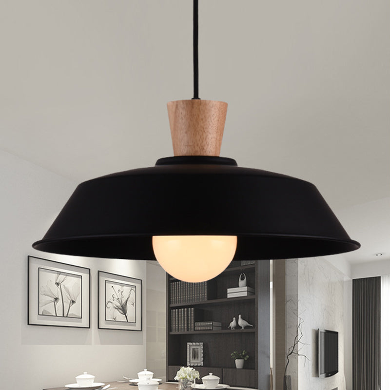 10"/14"/18" Wide Barn Living Room Hanging Lamp Industrial Iron 1-Light Black/White Pendant Light Fixture with Wooden Top Black 18" Clearhalo 'Art Deco Pendants' 'Black' 'Cast Iron' 'Ceiling Lights' 'Ceramic' 'Crystal' 'Industrial Pendants' 'Industrial' 'Metal' 'Middle Century Pendants' 'Pendant Lights' 'Pendants' 'Rustic Pendants' 'Tiffany' Lighting' 204717