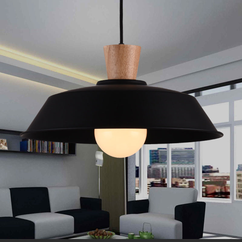 10"/14"/18" Wide Barn Living Room Hanging Lamp Industrial Iron 1-Light Black/White Pendant Light Fixture with Wooden Top Black 14" Clearhalo 'Art Deco Pendants' 'Black' 'Cast Iron' 'Ceiling Lights' 'Ceramic' 'Crystal' 'Industrial Pendants' 'Industrial' 'Metal' 'Middle Century Pendants' 'Pendant Lights' 'Pendants' 'Rustic Pendants' 'Tiffany' Lighting' 204718