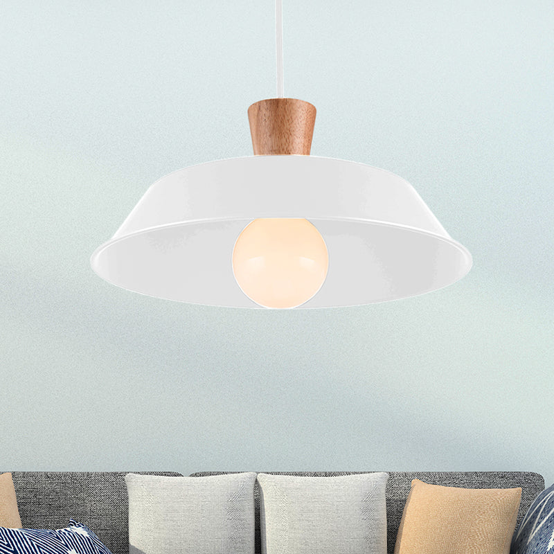 10"/14"/18" Wide Barn Living Room Hanging Lamp Industrial Iron 1-Light Black/White Pendant Light Fixture with Wooden Top White 18" Clearhalo 'Art Deco Pendants' 'Black' 'Cast Iron' 'Ceiling Lights' 'Ceramic' 'Crystal' 'Industrial Pendants' 'Industrial' 'Metal' 'Middle Century Pendants' 'Pendant Lights' 'Pendants' 'Rustic Pendants' 'Tiffany' Lighting' 204725