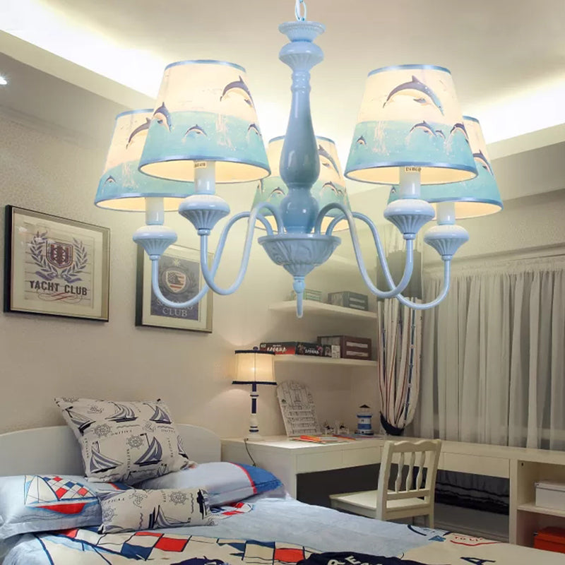 Modern Style Tapered Shade Chandelier with Dolphin 5 Lights Metal Hanging Light in Blue for Child Bedroom Blue Clearhalo 'Ceiling Lights' 'Chandeliers' Lighting' options 204740_5e18ae72-330f-44d5-889e-ca5767a69416