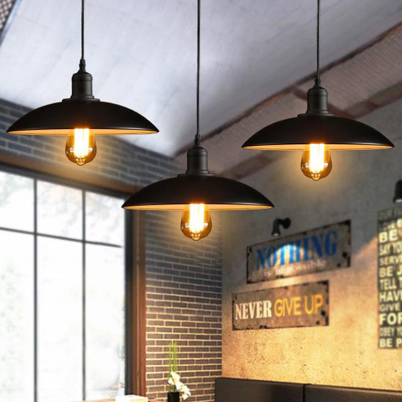 12.5"/16" Wide Dome Restaurant Light Fixture Industrial Metal 1-Light Black/White Hanging Pendant Lamp Black 16" Clearhalo 'Art Deco Pendants' 'Black' 'Cast Iron' 'Ceiling Lights' 'Ceramic' 'Crystal' 'Industrial Pendants' 'Industrial' 'Metal' 'Middle Century Pendants' 'Pendant Lights' 'Pendants' 'Rustic Pendants' 'Tiffany' Lighting' 204776