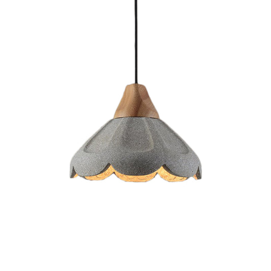 Grey 1-Light Pendant Lighting Nordic Style Concrete Scalloped Hanging Light Fixture with Wooden Cap for Restaurant Clearhalo 'Ceiling Lights' 'Industrial Pendants' 'Industrial' 'Middle Century Pendants' 'Pendant Lights' 'Pendants' 'Tiffany' Lighting' 204945