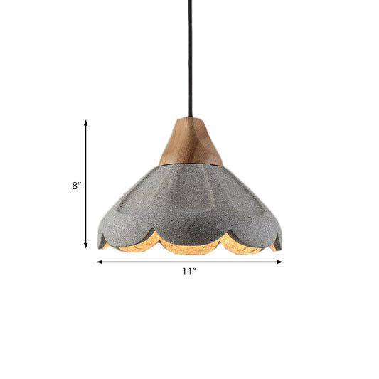 Grey 1-Light Pendant Lighting Nordic Style Concrete Scalloped Hanging Light Fixture with Wooden Cap for Restaurant Clearhalo 'Ceiling Lights' 'Industrial Pendants' 'Industrial' 'Middle Century Pendants' 'Pendant Lights' 'Pendants' 'Tiffany' Lighting' 204946