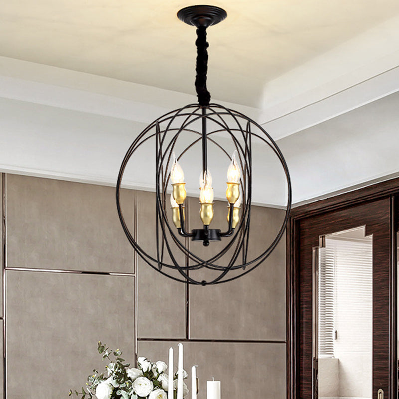 14"/19" Wide Black 3/6-Light Hanging Pendant Lighting Industrial Metal Candle Light Fixture with Orb Cage for Dining Room Clearhalo 'Cast Iron' 'Ceiling Lights' 'Chandeliers' 'Industrial Chandeliers' 'Industrial' 'Metal' 'Middle Century Chandeliers' 'Rustic Chandeliers' 'Tiffany' Lighting' 204951