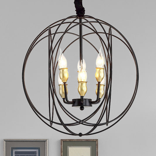 14"/19" Wide Black 3/6-Light Hanging Pendant Lighting Industrial Metal Candle Light Fixture with Orb Cage for Dining Room Black 19" Clearhalo 'Cast Iron' 'Ceiling Lights' 'Chandeliers' 'Industrial Chandeliers' 'Industrial' 'Metal' 'Middle Century Chandeliers' 'Rustic Chandeliers' 'Tiffany' Lighting' 204952