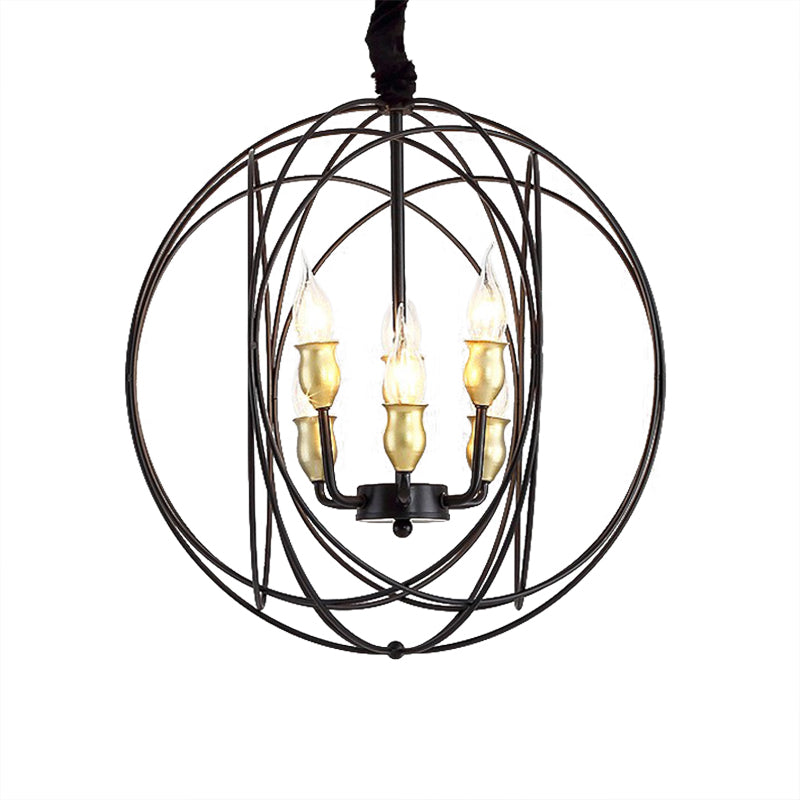 14"/19" Wide Black 3/6-Light Hanging Pendant Lighting Industrial Metal Candle Light Fixture with Orb Cage for Dining Room Clearhalo 'Cast Iron' 'Ceiling Lights' 'Chandeliers' 'Industrial Chandeliers' 'Industrial' 'Metal' 'Middle Century Chandeliers' 'Rustic Chandeliers' 'Tiffany' Lighting' 204953