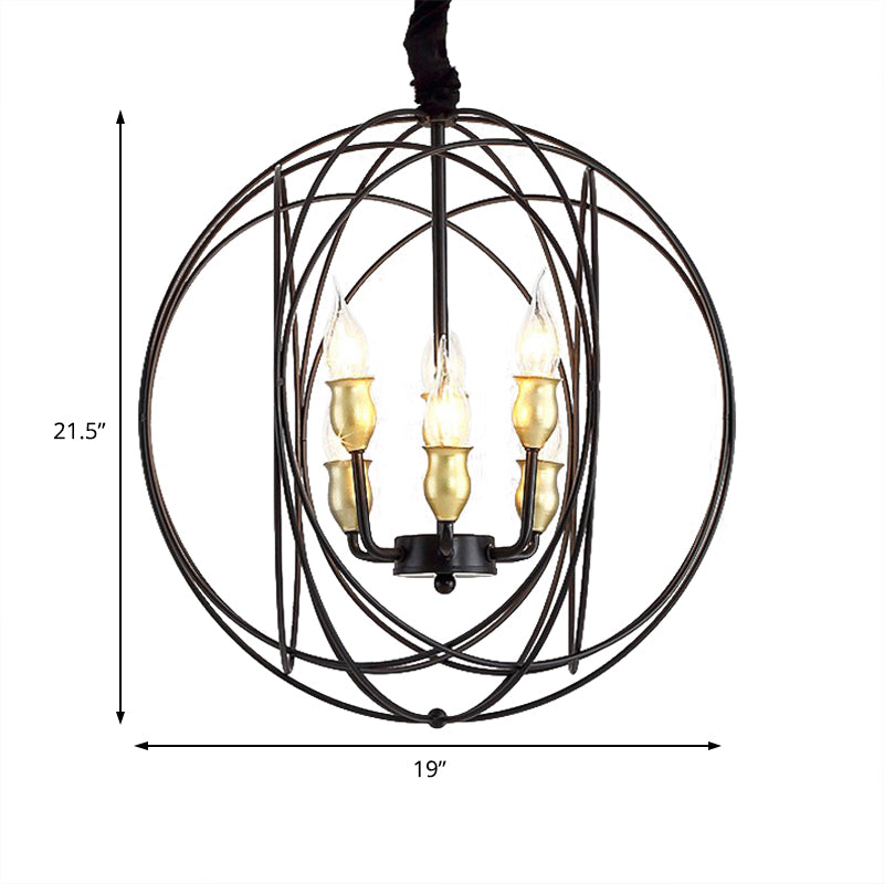 14"/19" Wide Black 3/6-Light Hanging Pendant Lighting Industrial Metal Candle Light Fixture with Orb Cage for Dining Room Clearhalo 'Cast Iron' 'Ceiling Lights' 'Chandeliers' 'Industrial Chandeliers' 'Industrial' 'Metal' 'Middle Century Chandeliers' 'Rustic Chandeliers' 'Tiffany' Lighting' 204954