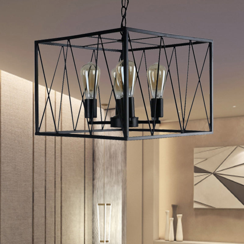 Black Cuboid Wire Frame Pendant Vintage Iron 4 Heads Dining Room Hanging Light Fixture Black Clearhalo 'Cast Iron' 'Ceiling Lights' 'Chandeliers' 'Industrial Chandeliers' 'Industrial' 'Metal' 'Middle Century Chandeliers' 'Rustic Chandeliers' 'Tiffany' Lighting' 204983