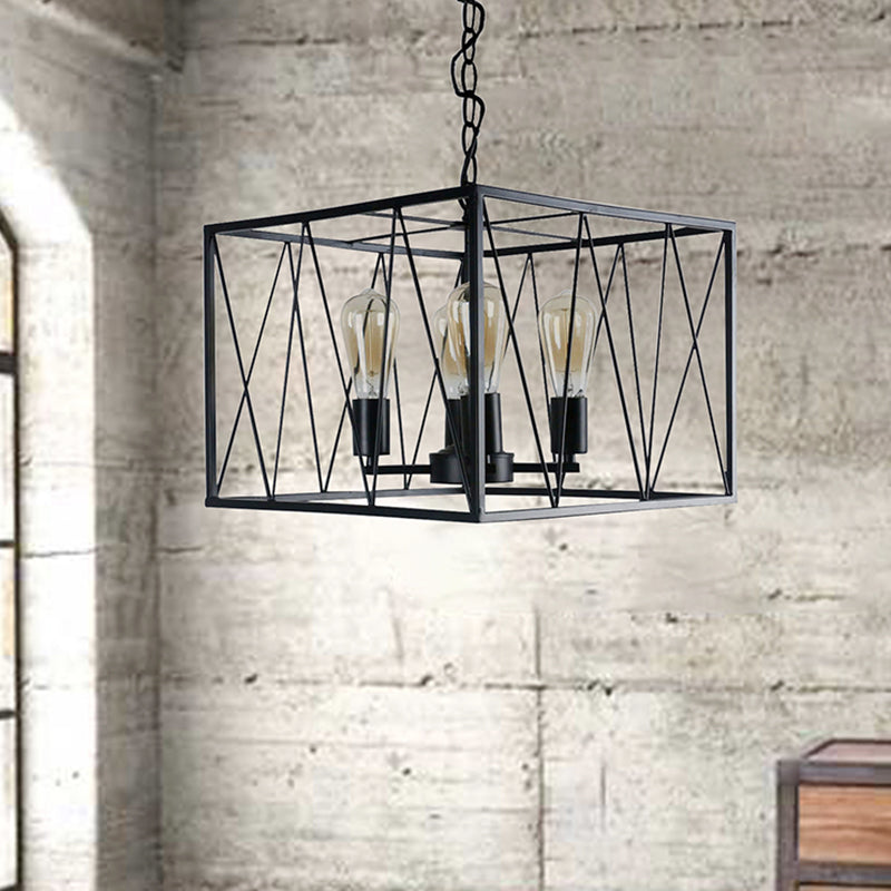 Black Cuboid Wire Frame Pendant Vintage Iron 4 Heads Dining Room Hanging Light Fixture Clearhalo 'Cast Iron' 'Ceiling Lights' 'Chandeliers' 'Industrial Chandeliers' 'Industrial' 'Metal' 'Middle Century Chandeliers' 'Rustic Chandeliers' 'Tiffany' Lighting' 204984