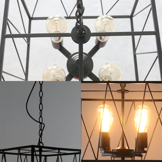Black Cuboid Wire Frame Pendant Vintage Iron 4 Heads Dining Room Hanging Light Fixture Clearhalo 'Cast Iron' 'Ceiling Lights' 'Chandeliers' 'Industrial Chandeliers' 'Industrial' 'Metal' 'Middle Century Chandeliers' 'Rustic Chandeliers' 'Tiffany' Lighting' 204987