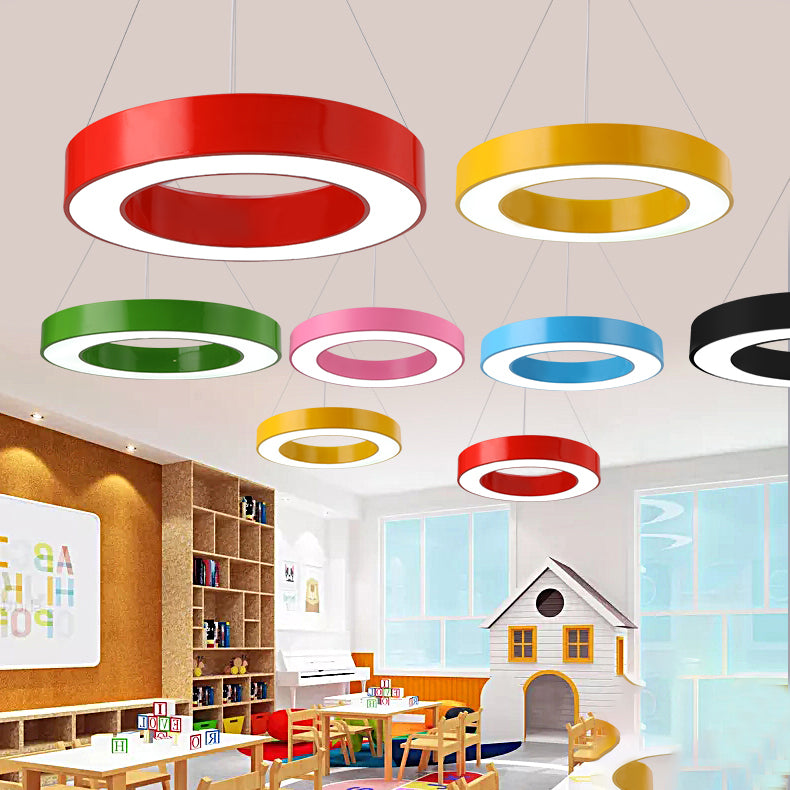 Integrated Led Drum Pendant Light Height Adjustable Metal Hanging Light for Play Room Clearhalo 'Ceiling Lights' 'Pendant Lights' 'Pendants' Lighting' 20503