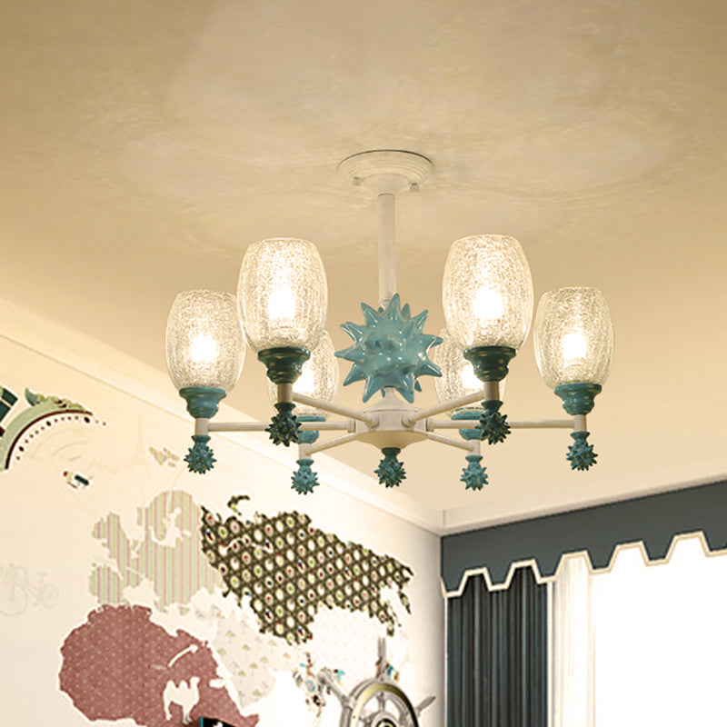 Oval Shade Chandelier with Sea Urchin Mediterranean Style Glass Hanging Light for Baby Bedroom 6 Sky Blue Clearhalo 'Ceiling Lights' 'Chandeliers' 'Close To Ceiling Lights' 'Glass shade' 'Glass' 'Pendant Lights' Lighting' 205037