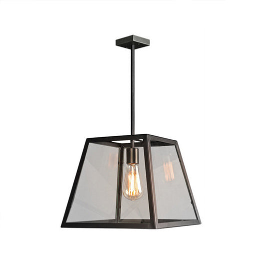 Metal and Glass Trapezoid Pendant Light Traditional 1-Light Dining Table Suspension Lamp in Black Clearhalo 'Art Deco Pendants' 'Black' 'Cast Iron' 'Ceiling Lights' 'Ceramic' 'Crystal' 'Industrial Pendants' 'Industrial' 'Metal' 'Middle Century Pendants' 'Pendant Lights' 'Pendants' 'Rustic Pendants' 'Tiffany' Lighting' 205122