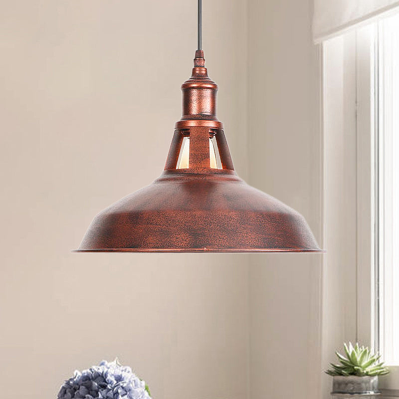 12"/16" Wide Wrought Iron Rust Pendant Lamp Barn 1-Light Retro Suspension Light for Living Room Rust 16" Clearhalo 'Art Deco Pendants' 'Cast Iron' 'Ceiling Lights' 'Ceramic' 'Crystal' 'Industrial Pendants' 'Industrial' 'Metal' 'Middle Century Pendants' 'Pendant Lights' 'Pendants' 'Tiffany' Lighting' 205137