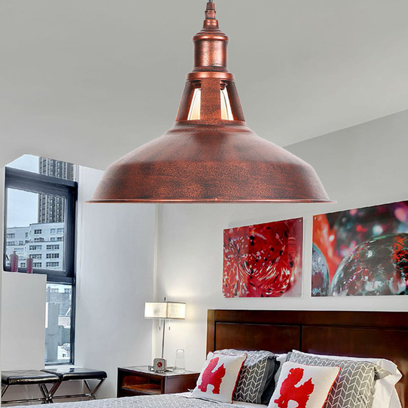 12"/16" Wide Wrought Iron Rust Pendant Lamp Barn 1-Light Retro Suspension Light for Living Room Clearhalo 'Art Deco Pendants' 'Cast Iron' 'Ceiling Lights' 'Ceramic' 'Crystal' 'Industrial Pendants' 'Industrial' 'Metal' 'Middle Century Pendants' 'Pendant Lights' 'Pendants' 'Tiffany' Lighting' 205140
