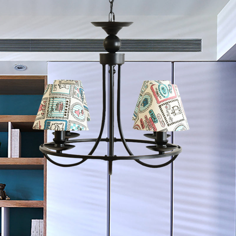 Fabric Tapered Shade Chandelier Kids Bedroom 4-Light Modern Ceiling Pendant in Black Beige Stamp Clearhalo 'Ceiling Lights' 'Chandeliers' Lighting' options 205144_f600094e-b4b7-4927-8fd1-7ecf9c4cb0d1