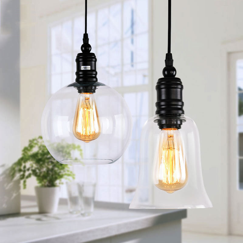 Clear Glass Shade Black Pendant Globe/Bell 1-Light Industrial Hanging Light Fixture for Kitchen Clearhalo 'Ceiling Lights' 'Glass shade' 'Glass' 'Industrial Pendants' 'Industrial' 'Middle Century Pendants' 'Pendant Lights' 'Pendants' 'Tiffany' Lighting' 205165