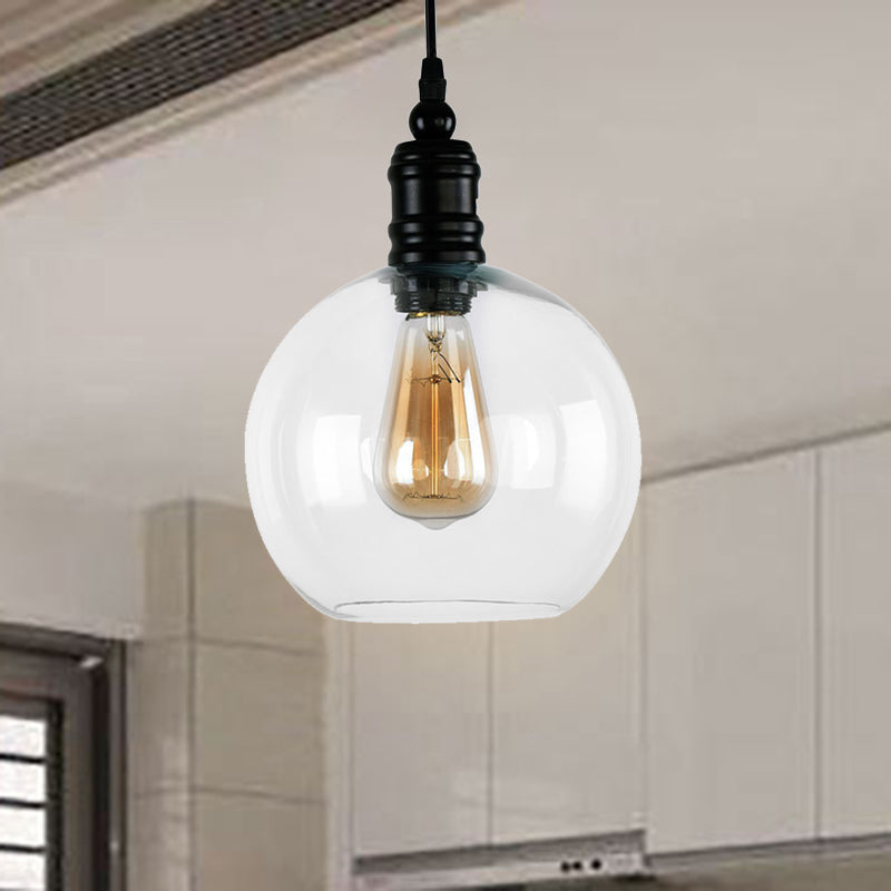 Clear Glass Shade Black Pendant Globe/Bell 1-Light Industrial Hanging Light Fixture for Kitchen Clearhalo 'Ceiling Lights' 'Glass shade' 'Glass' 'Industrial Pendants' 'Industrial' 'Middle Century Pendants' 'Pendant Lights' 'Pendants' 'Tiffany' Lighting' 205171