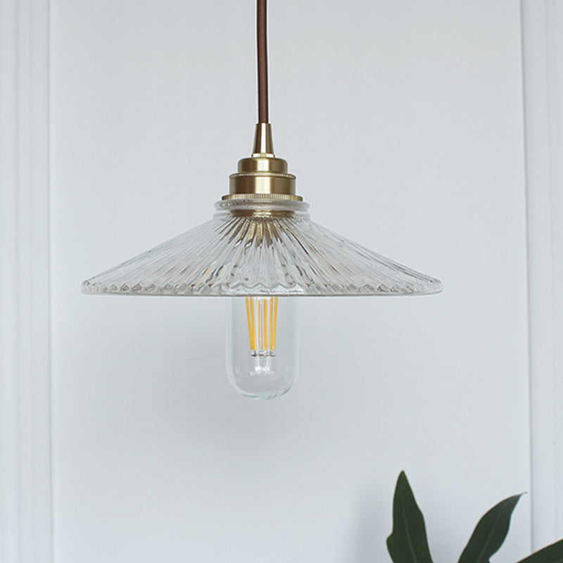 Clear 1 Light Pendant Lighting Fixture Vintage Ribbed Glass Wide Flare Hanging Ceiling Light Clearhalo 'Ceiling Lights' 'Glass shade' 'Glass' 'Industrial Pendants' 'Industrial' 'Middle Century Pendants' 'Pendant Lights' 'Pendants' 'Tiffany' Lighting' 205187