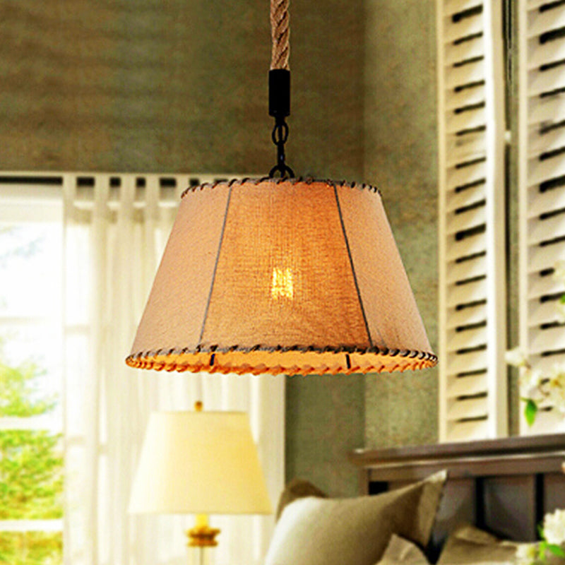 Industrial Tapered Shade Pendant Lighting 1 Light Rope and Fabric Hanging Light Fixture in Beige Beige Clearhalo 'Ceiling Lights' 'Industrial Pendants' 'Industrial' 'Middle Century Pendants' 'Pendant Lights' 'Pendants' 'Tiffany' Lighting' 205190