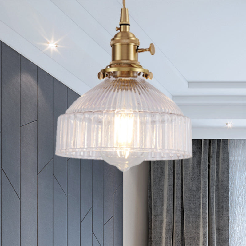 Bowl Living Room Hanging Light Kit Industrial Clear Ribbed Glass 1 Light Brass Pendant Lighting Brass Clearhalo 'Ceiling Lights' 'Glass shade' 'Glass' 'Industrial Pendants' 'Industrial' 'Middle Century Pendants' 'Pendant Lights' 'Pendants' 'Tiffany' Lighting' 205220