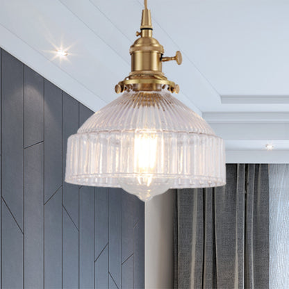 Bowl Living Room Hanging Light Kit Industrial Clear Ribbed Glass 1 Light Brass Pendant Lighting Brass Clearhalo 'Ceiling Lights' 'Glass shade' 'Glass' 'Industrial Pendants' 'Industrial' 'Middle Century Pendants' 'Pendant Lights' 'Pendants' 'Tiffany' Lighting' 205220
