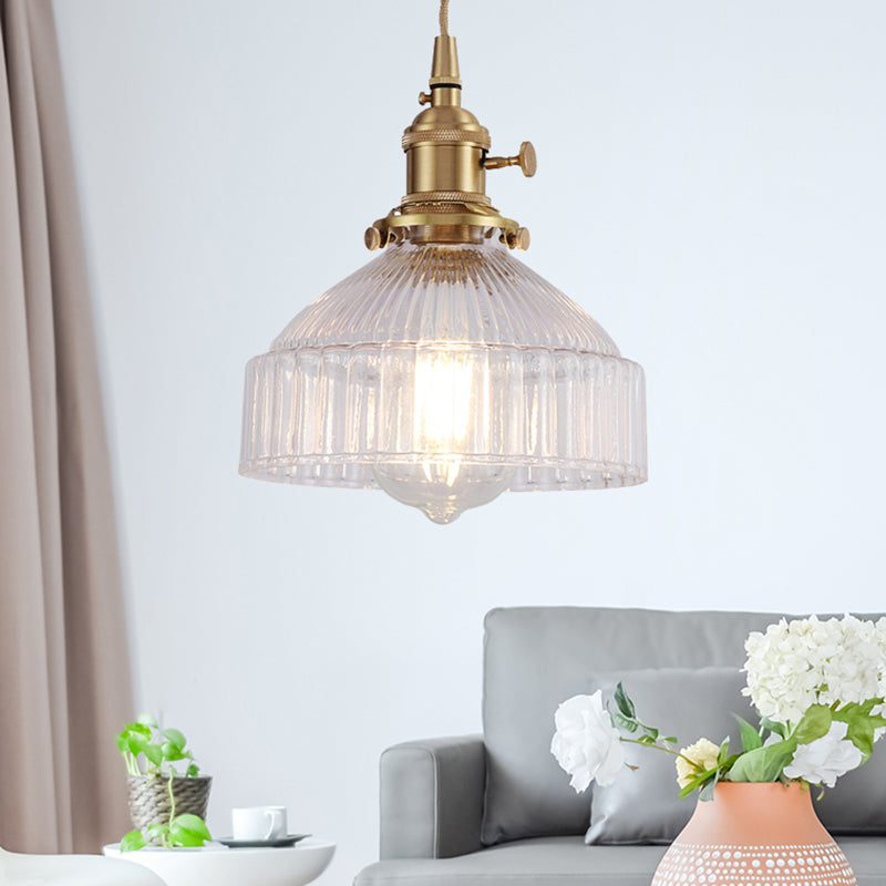 Bowl Living Room Hanging Light Kit Industrial Clear Ribbed Glass 1 Light Brass Pendant Lighting Clearhalo 'Ceiling Lights' 'Glass shade' 'Glass' 'Industrial Pendants' 'Industrial' 'Middle Century Pendants' 'Pendant Lights' 'Pendants' 'Tiffany' Lighting' 205221