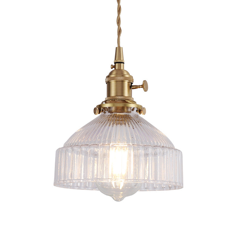 Bowl Living Room Hanging Light Kit Industrial Clear Ribbed Glass 1 Light Brass Pendant Lighting Clearhalo 'Ceiling Lights' 'Glass shade' 'Glass' 'Industrial Pendants' 'Industrial' 'Middle Century Pendants' 'Pendant Lights' 'Pendants' 'Tiffany' Lighting' 205222