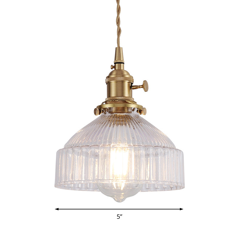 Bowl Living Room Hanging Light Kit Industrial Clear Ribbed Glass 1 Light Brass Pendant Lighting Clearhalo 'Ceiling Lights' 'Glass shade' 'Glass' 'Industrial Pendants' 'Industrial' 'Middle Century Pendants' 'Pendant Lights' 'Pendants' 'Tiffany' Lighting' 205223