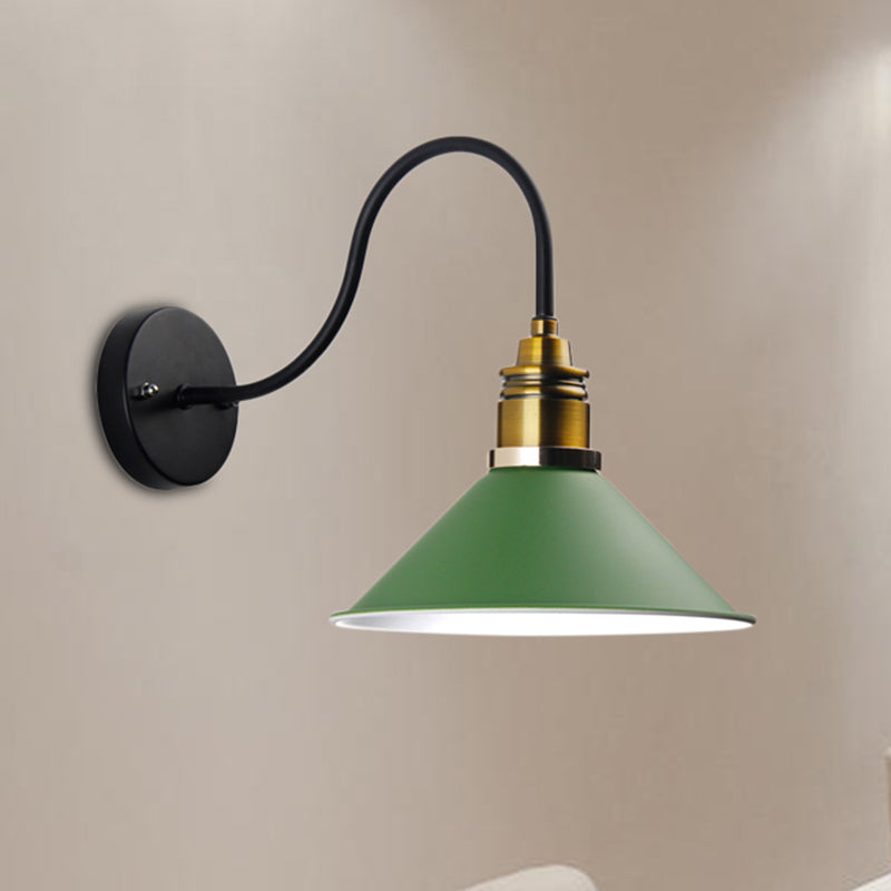 1 Light Pendant Lighting Industrial Metal Cone Bronze/Black/White Hanging Lamp for Indoor with Curved Arm Clearhalo 'Art deco wall lights' 'Cast Iron' 'Glass' 'Industrial wall lights' 'Industrial' 'Middle century wall lights' 'Modern' 'Rustic wall lights' 'Tiffany' 'Traditional wall lights' 'Wall Lamps & Sconces' 'Wall Lights' Lighting' 205244